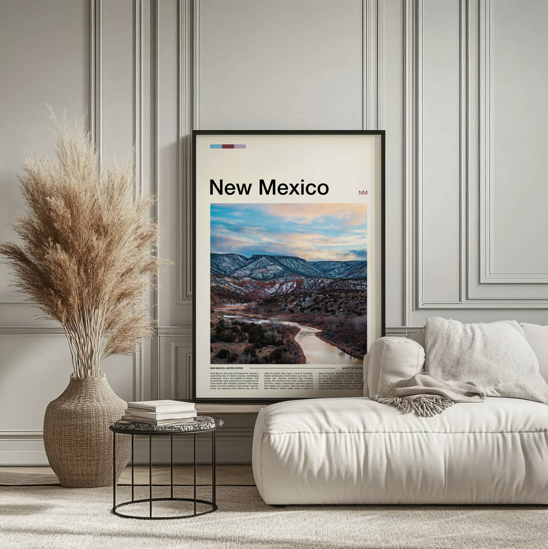 New Mexico River Through Snowy Hills Travel Print framed on the wall of a calm, neutral bedroom