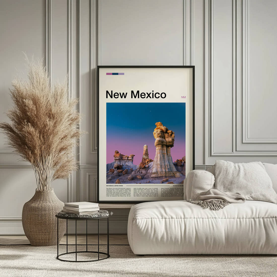 New Mexico Hoodoo Rock Formations Travel Print framed on the wall of a calm, neutral bedroom