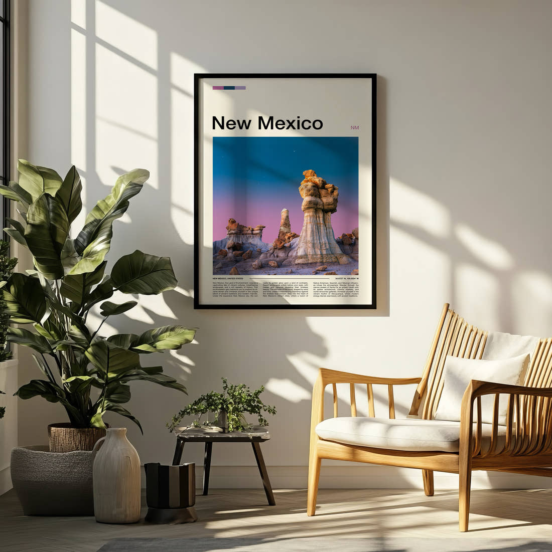 New Mexico Hoodoo Rock Formations Travel Print framed on a pale wall beside houseplants