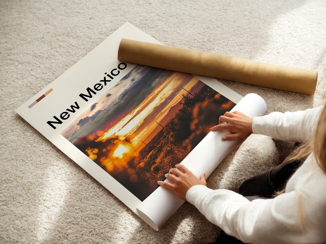 New Mexico Desert Sunset Travel Print being unrolled from its postal tube