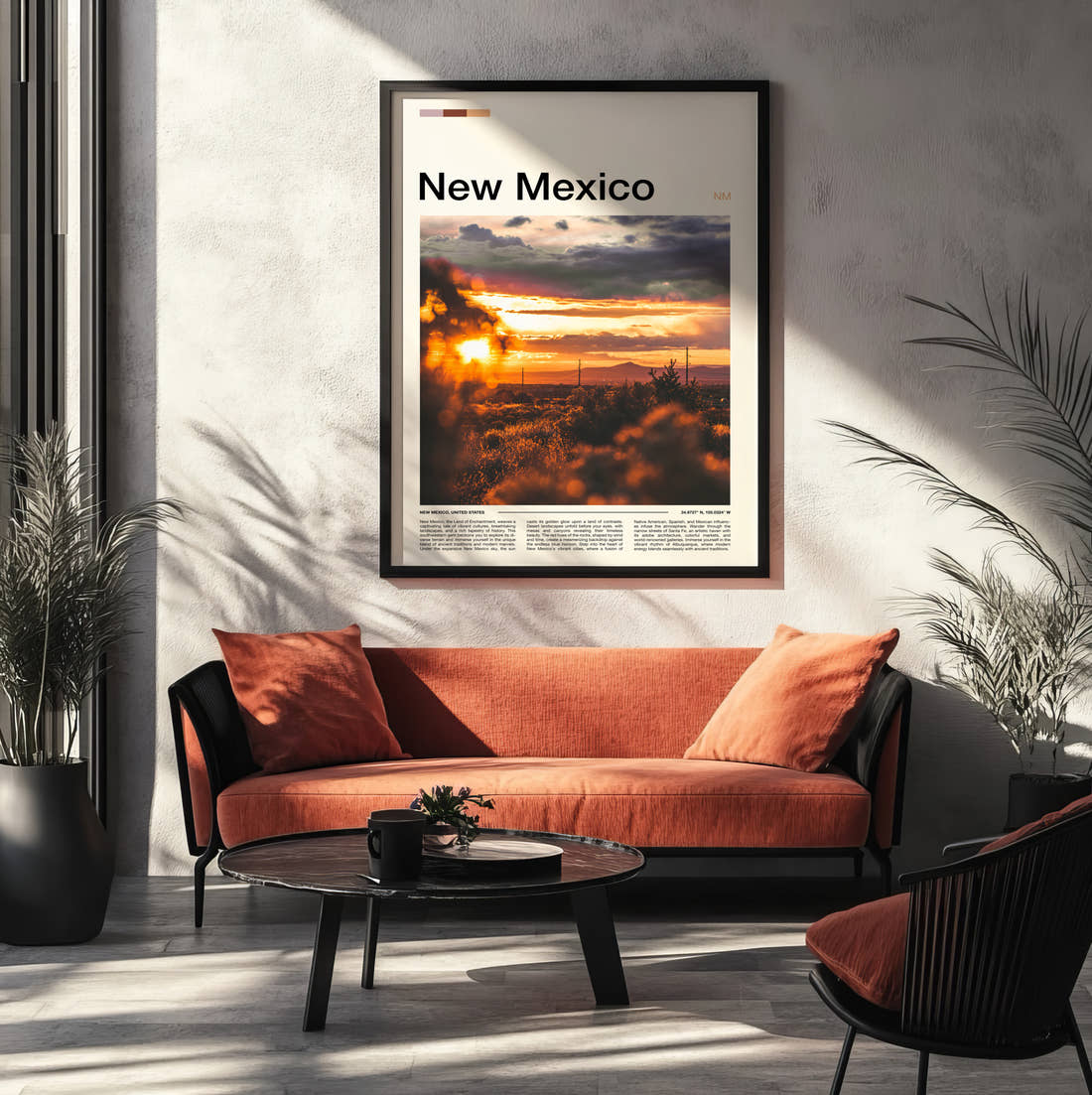 New Mexico Desert Sunset Travel Print framed on the wall of a modern living room