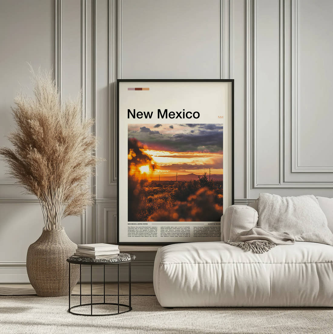 New Mexico Desert Sunset Travel Print framed on the wall of a calm, neutral bedroom