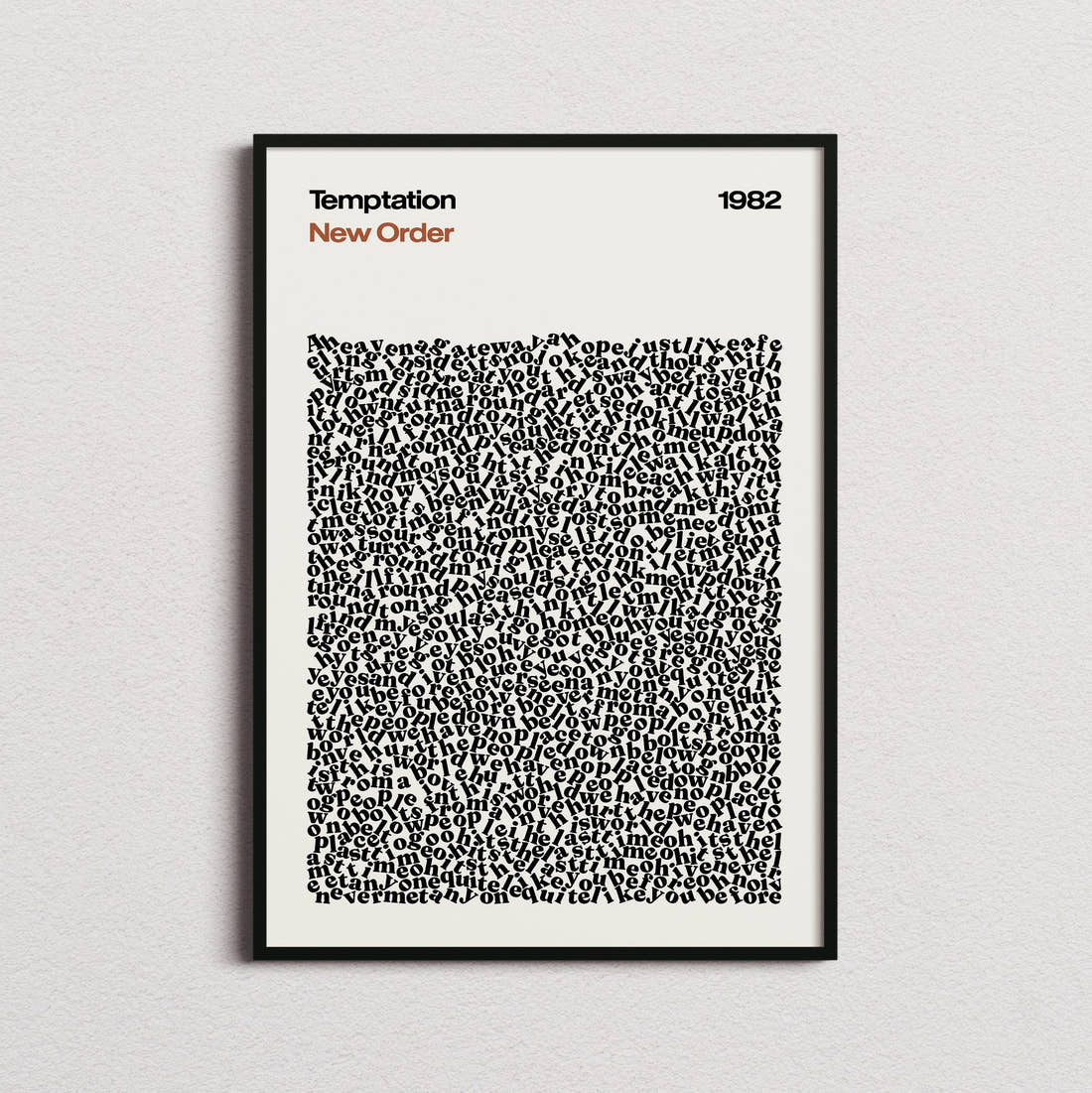 New Order Temptation Lyric Print in the cream colourway, framed