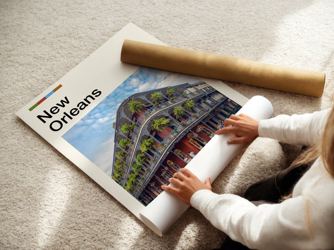 New Orleans Wrought Iron Balconies Travel Print being unrolled from its postal tube
