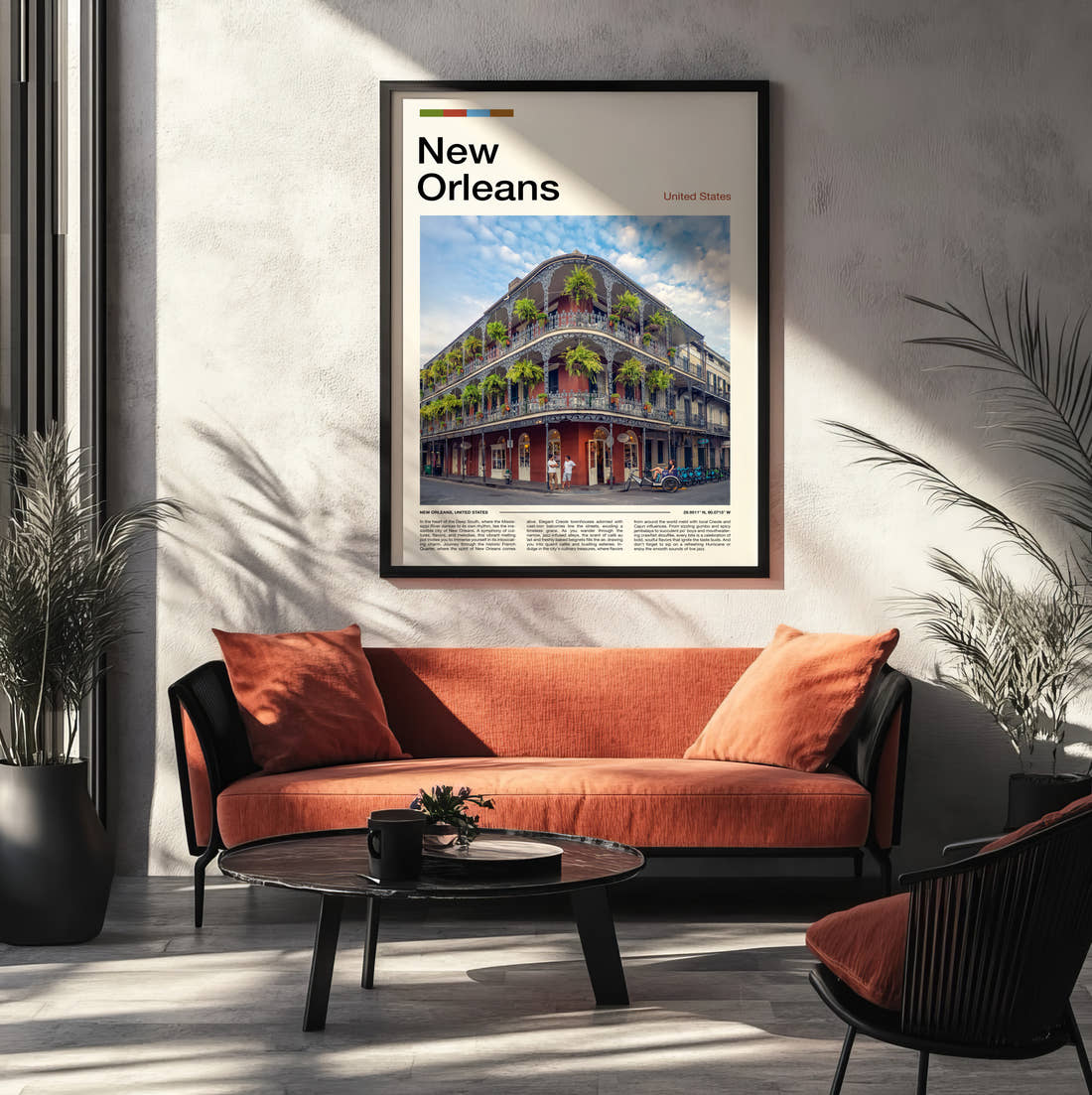 New Orleans Wrought Iron Balconies Travel Print framed on the wall of a modern living room