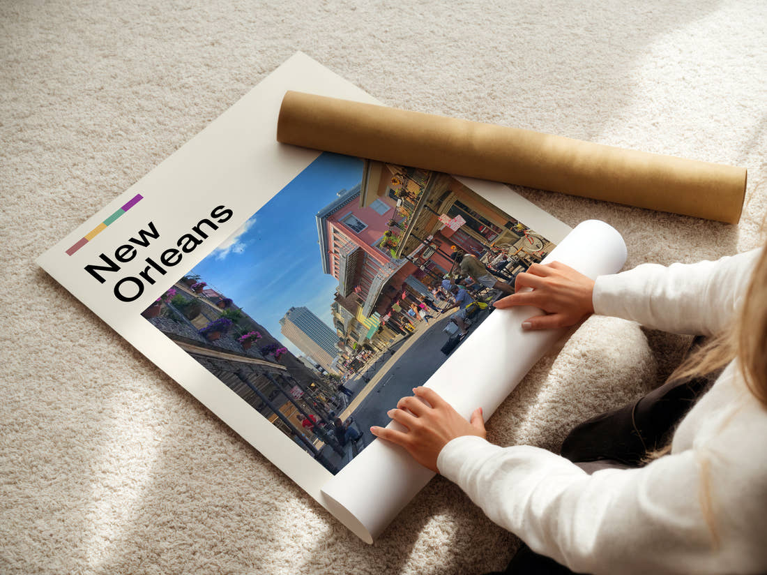 New Orleans French Quarter Street Travel Print being unrolled from its postal tube