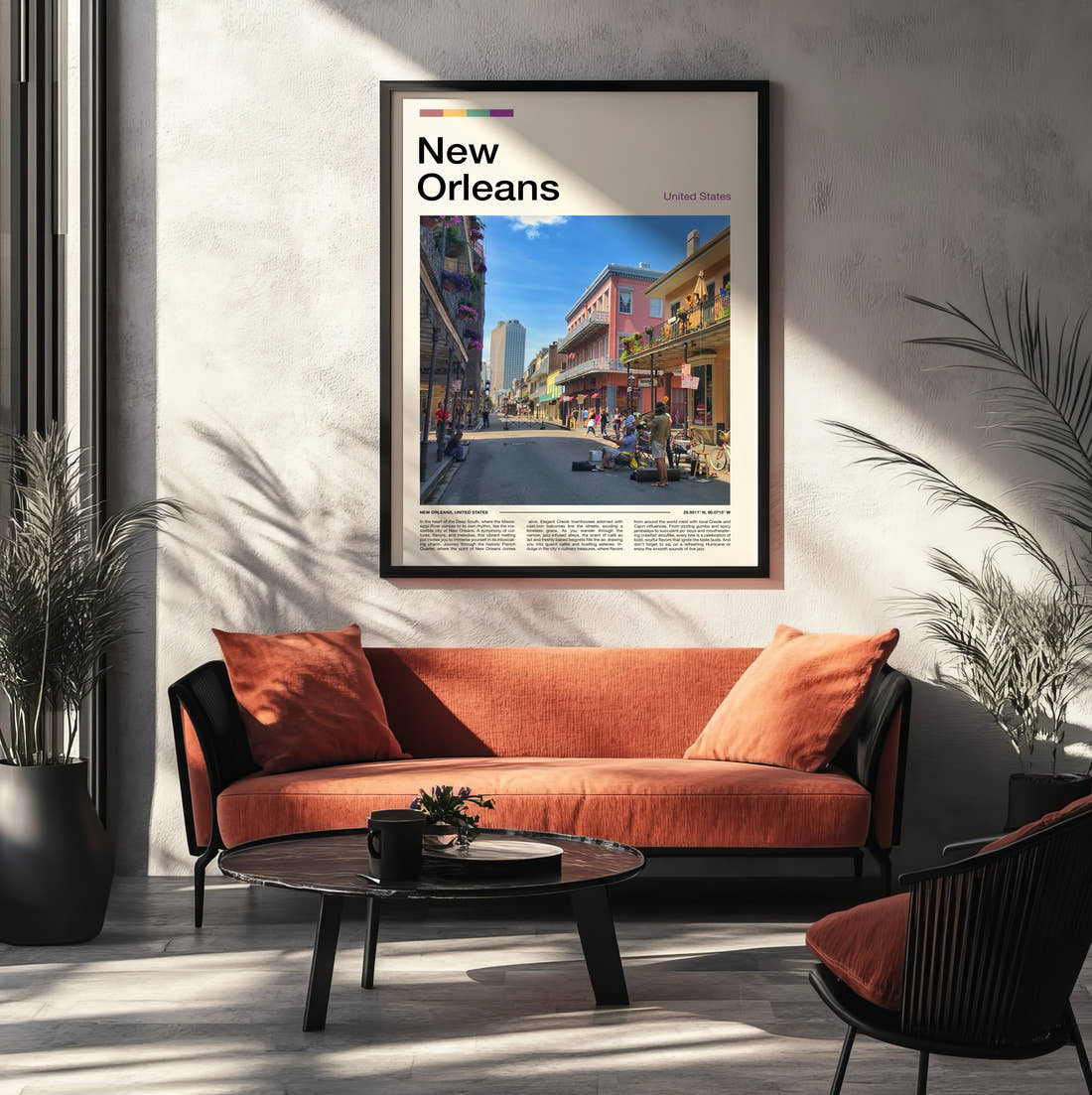 New Orleans French Quarter Street Travel Print framed on the wall of a modern living room