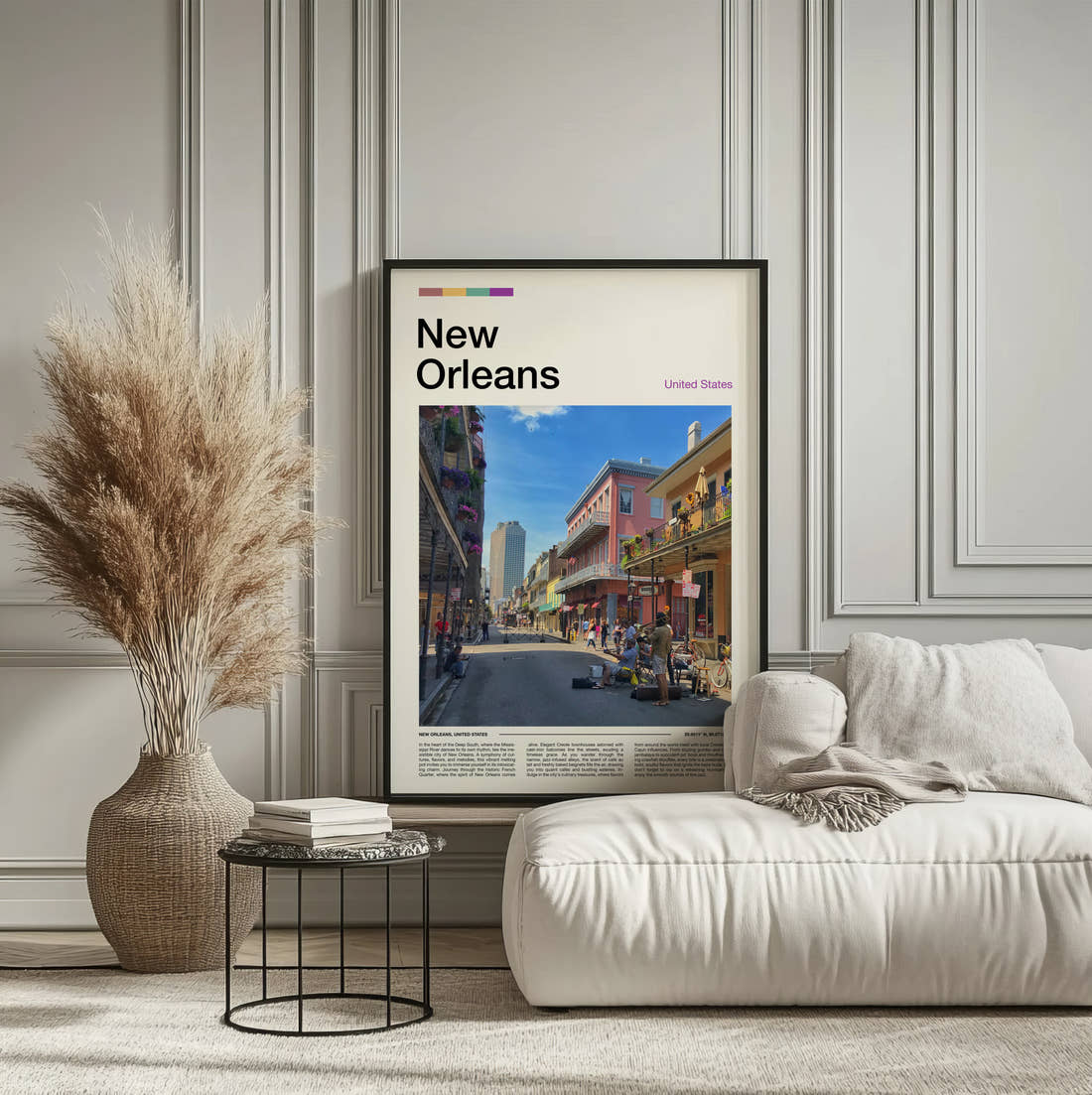 New Orleans French Quarter Street Travel Print framed on the wall of a calm, neutral bedroom