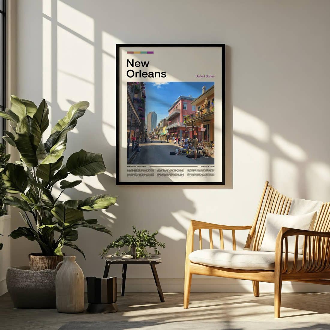 New Orleans French Quarter Street Travel Print framed on a pale wall beside houseplants