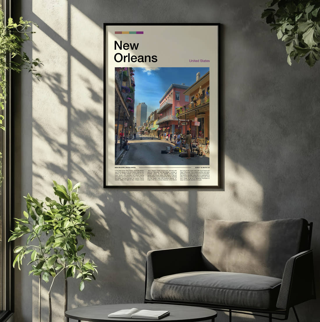 New Orleans French Quarter Street Travel Print framed on the wall of a relaxed living room