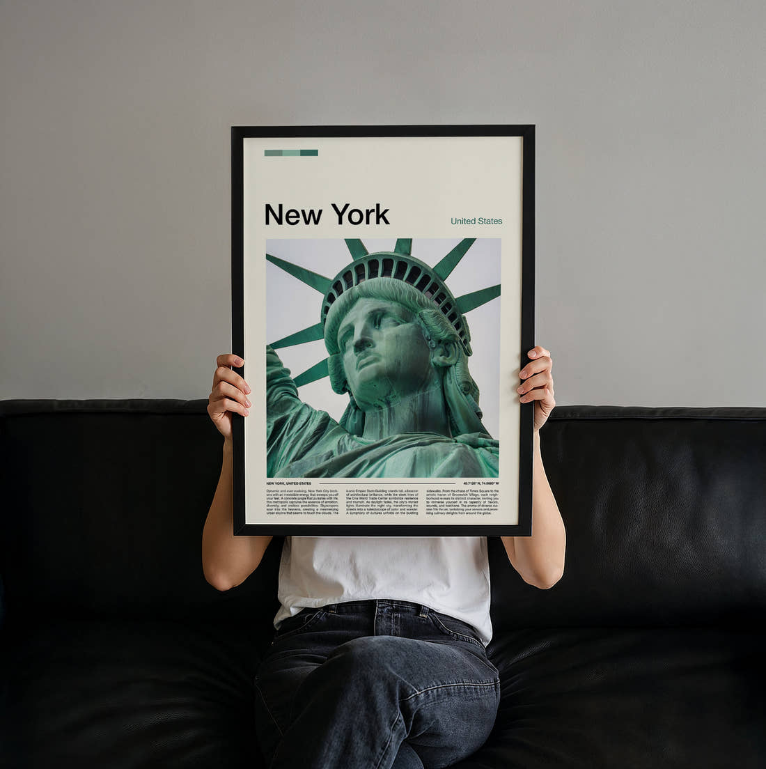 New York Statue Of Liberty Close Up Travel Print held up by hand to show the size of the print