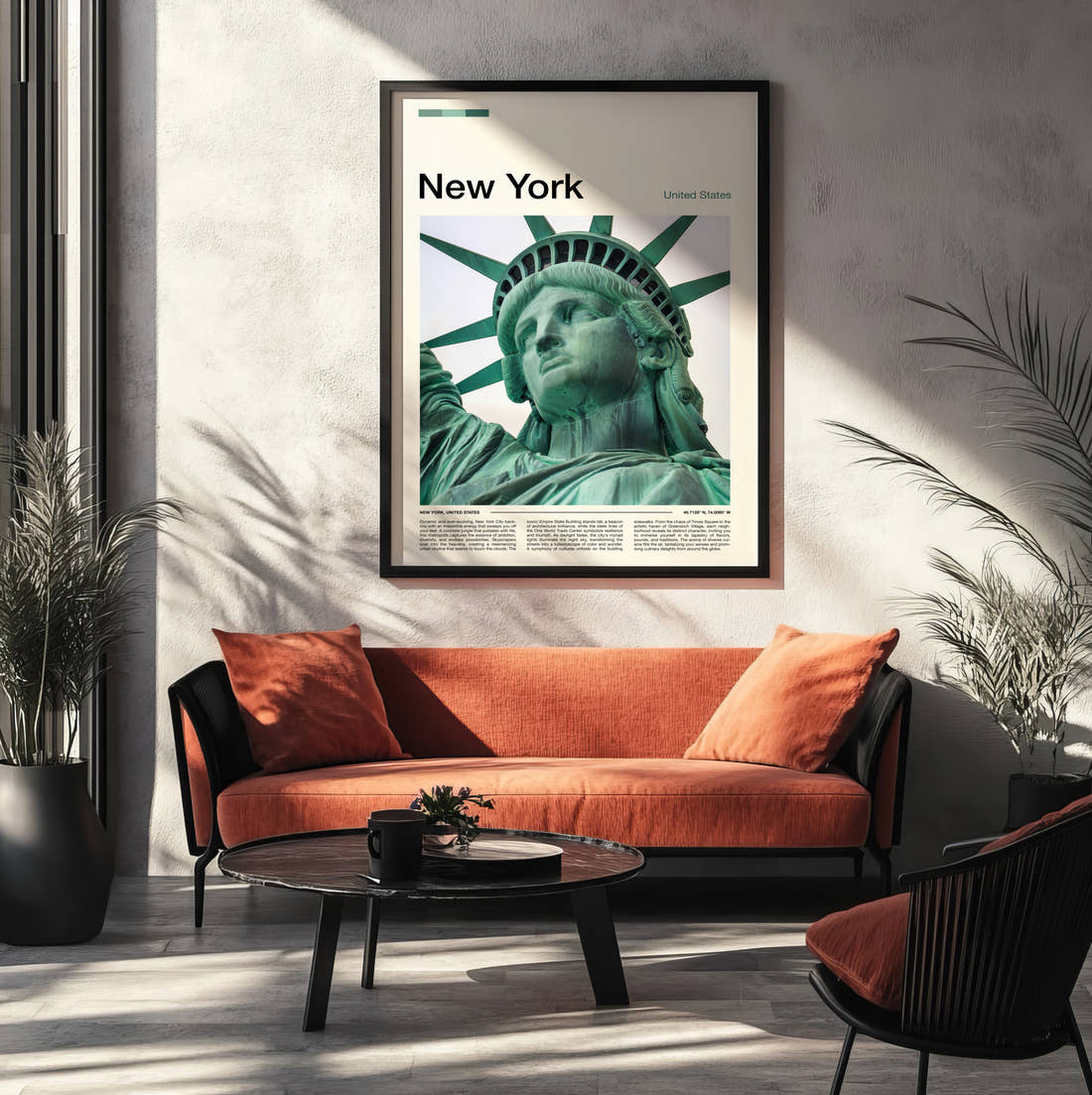 New York Statue Of Liberty Close Up Travel Print framed on the wall of a modern living room