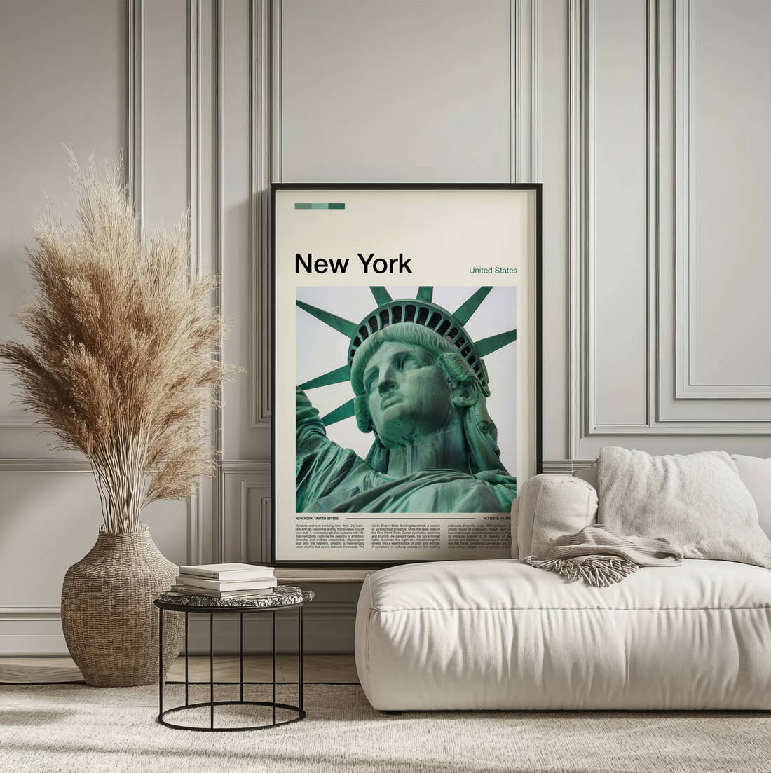 New York Statue Of Liberty Close Up Travel Print framed on the wall of a calm, neutral bedroom