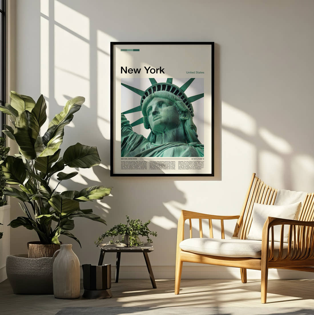 New York Statue Of Liberty Close Up Travel Print framed on a pale wall beside houseplants