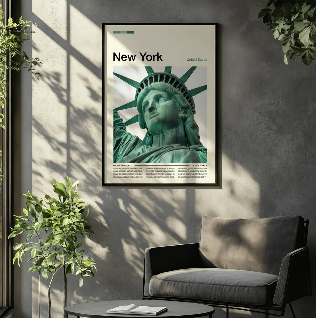 New York Statue Of Liberty Close Up Travel Print framed on the wall of a relaxed living room
