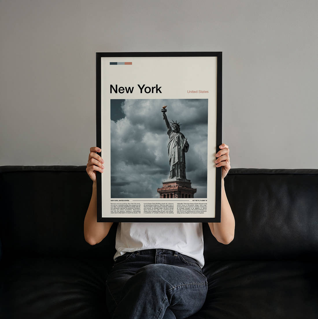 New York Statue Of Liberty Against Storm Clouds Travel Print held up by hand to show the size of the print