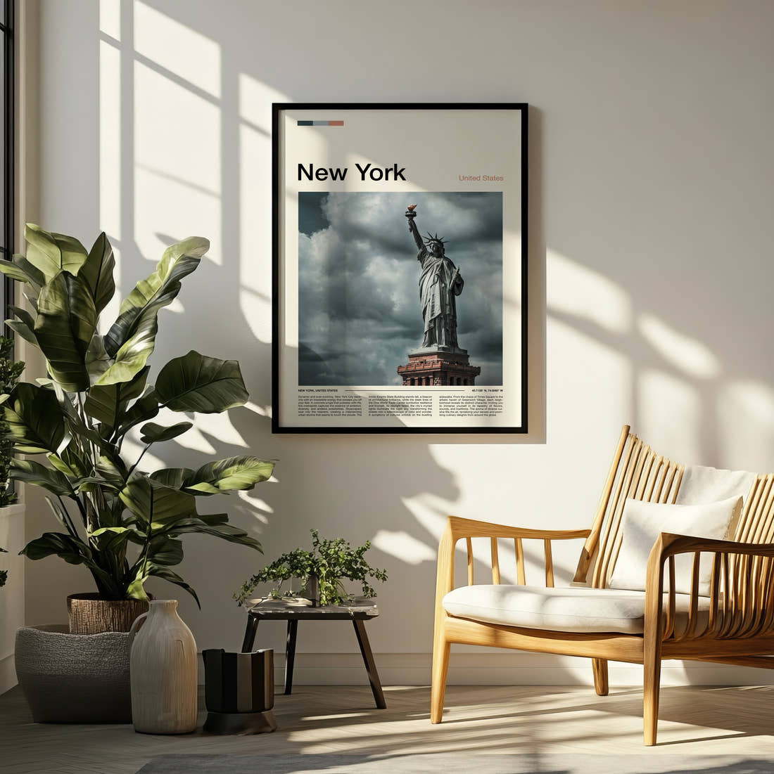 New York Statue Of Liberty Against Storm Clouds Travel Print framed on a pale wall beside houseplants