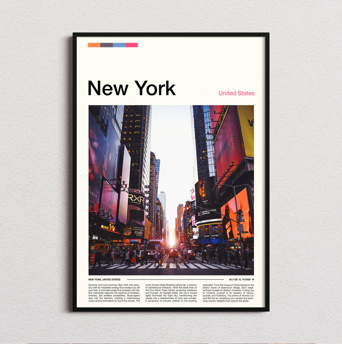 New York Times Square At Sunset Travel Print framed and photographed straight on