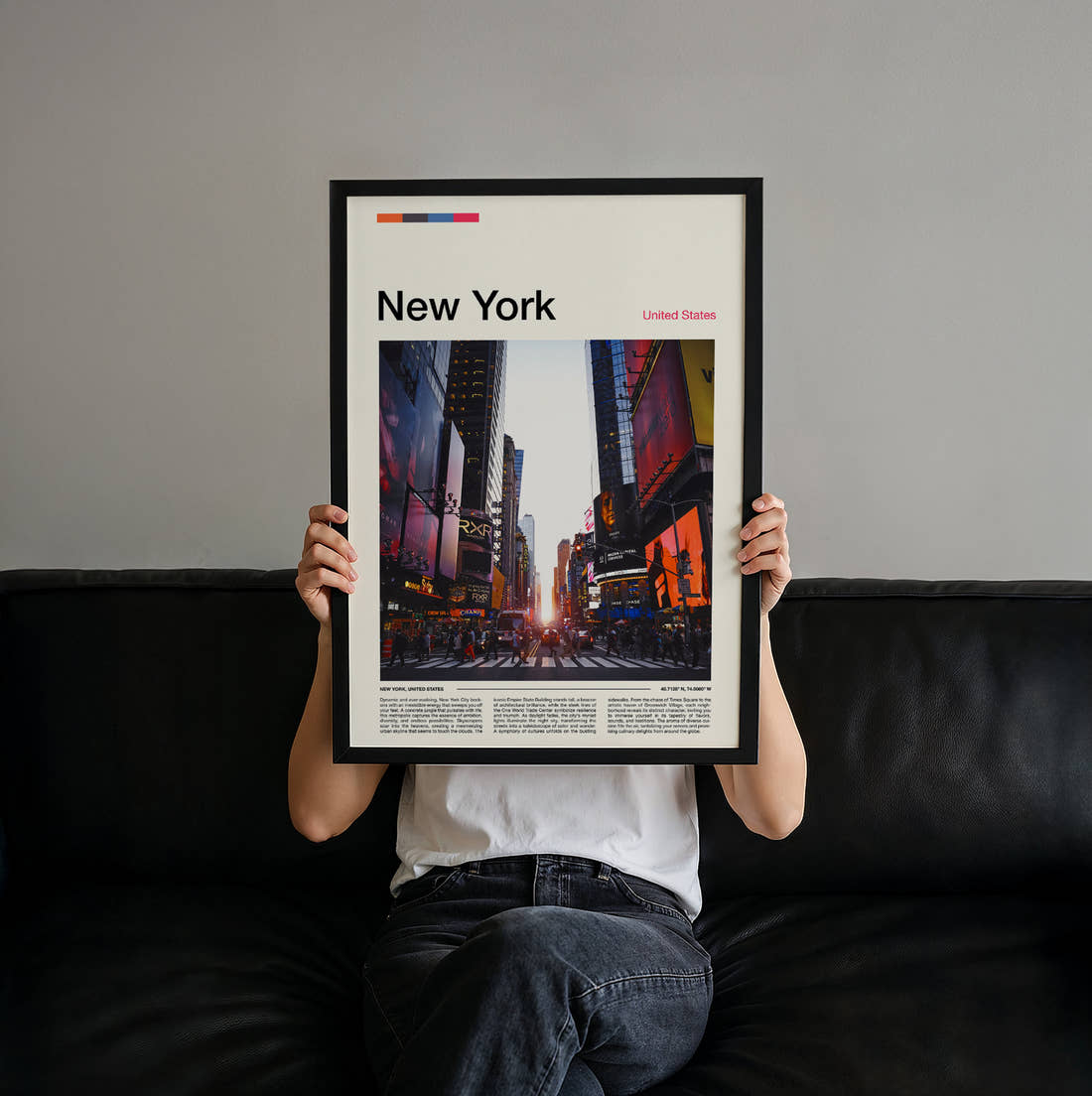 New York Times Square At Sunset Travel Print held up by hand to show the size of the print