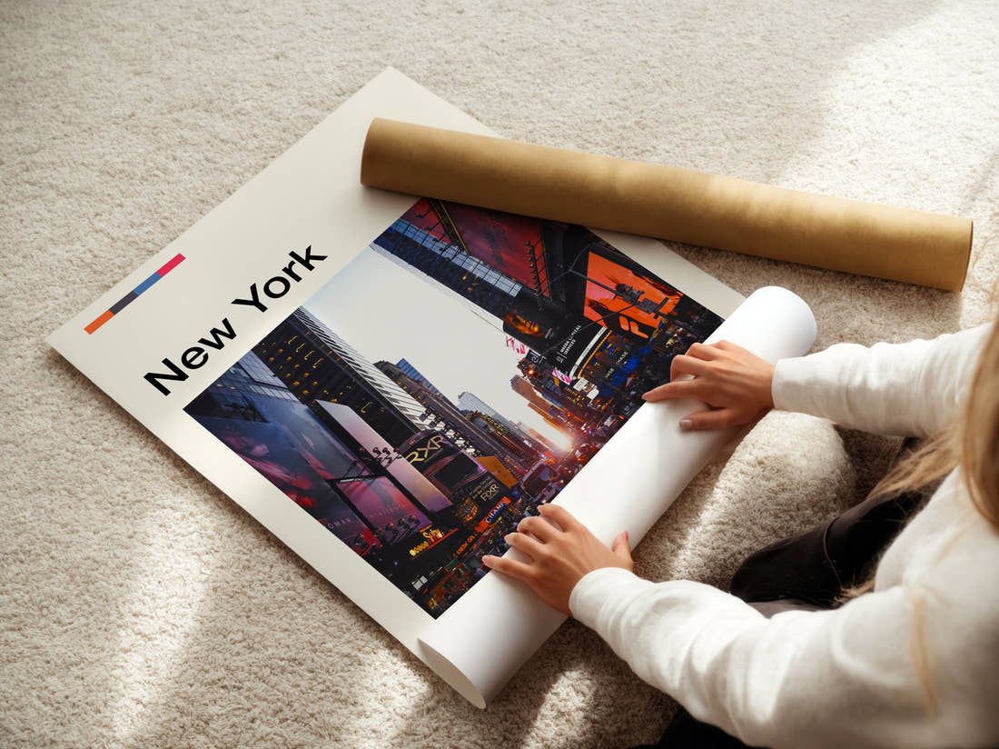 New York Times Square At Sunset Travel Print being unrolled from its postal tube