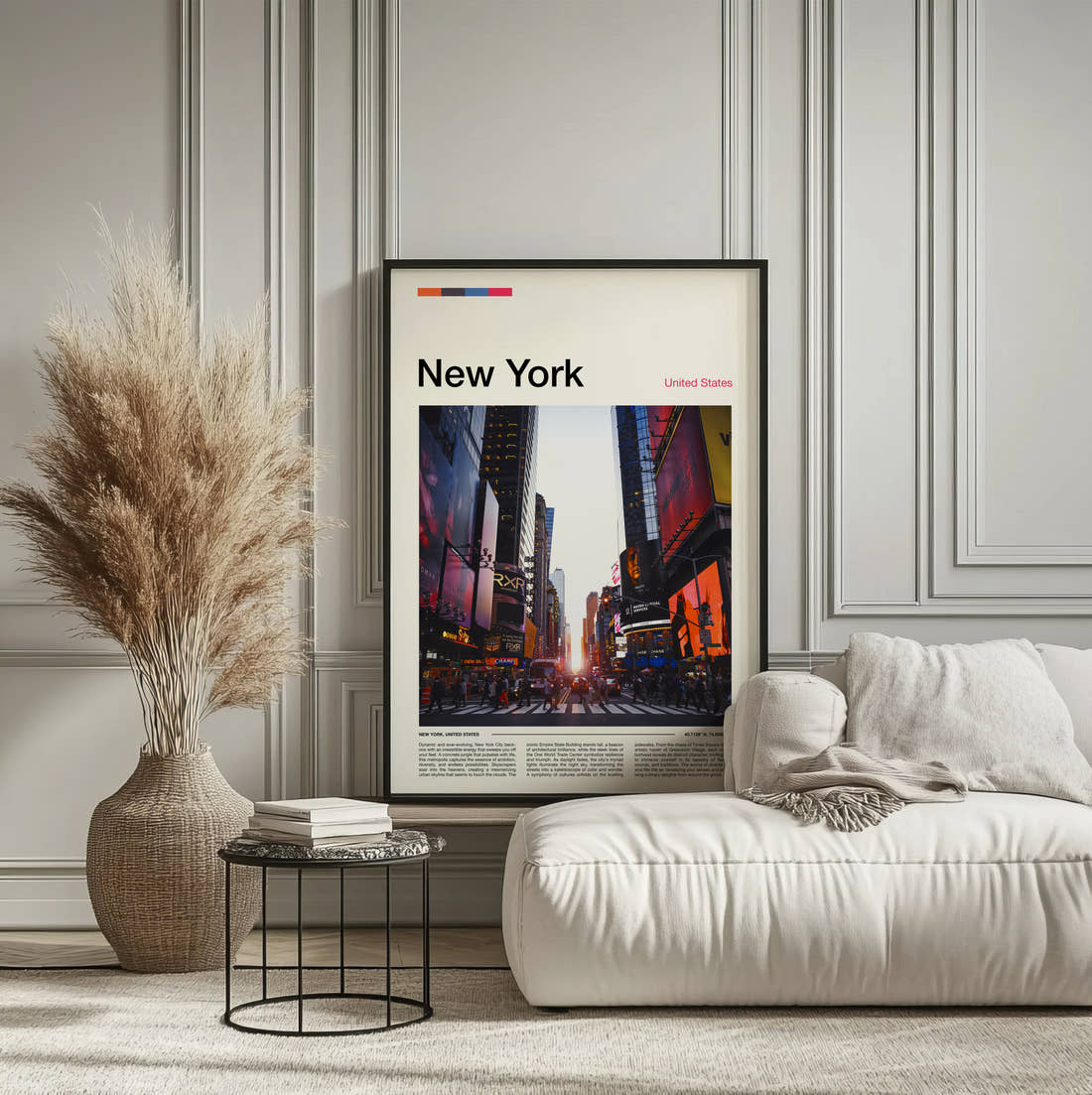 New York Times Square At Sunset Travel Print framed on the wall of a calm, neutral bedroom