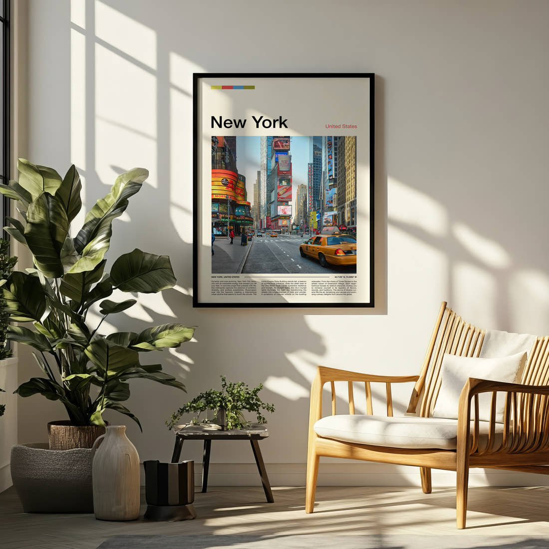 New York Times Square Travel Print framed on a pale wall beside houseplants