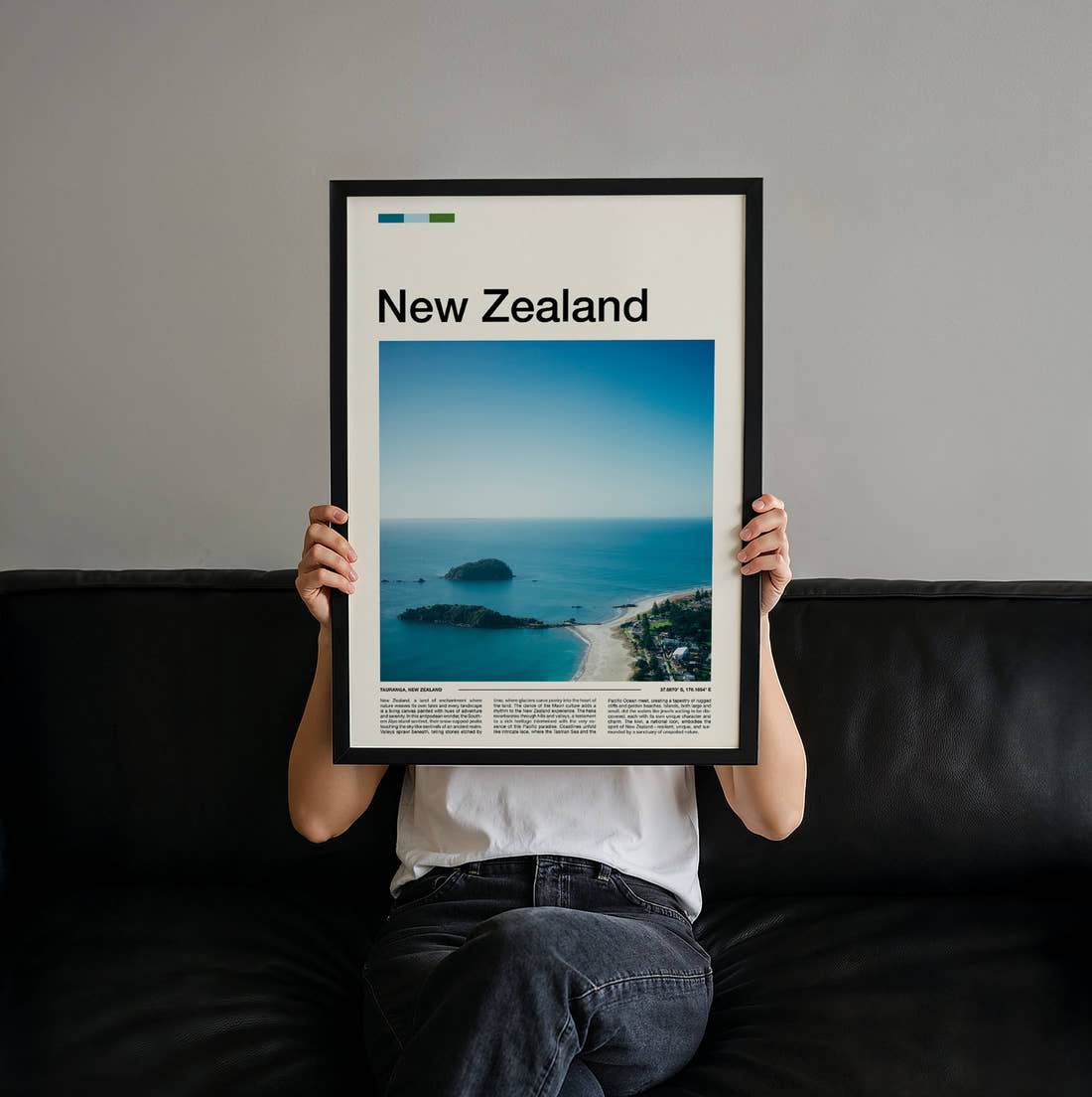 New Zealand Islands Off The Coast Travel Print held up by hand to show the size of the print