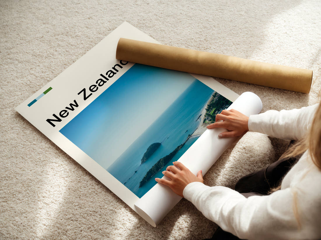 New Zealand Islands Off The Coast Travel Print being unrolled from its postal tube