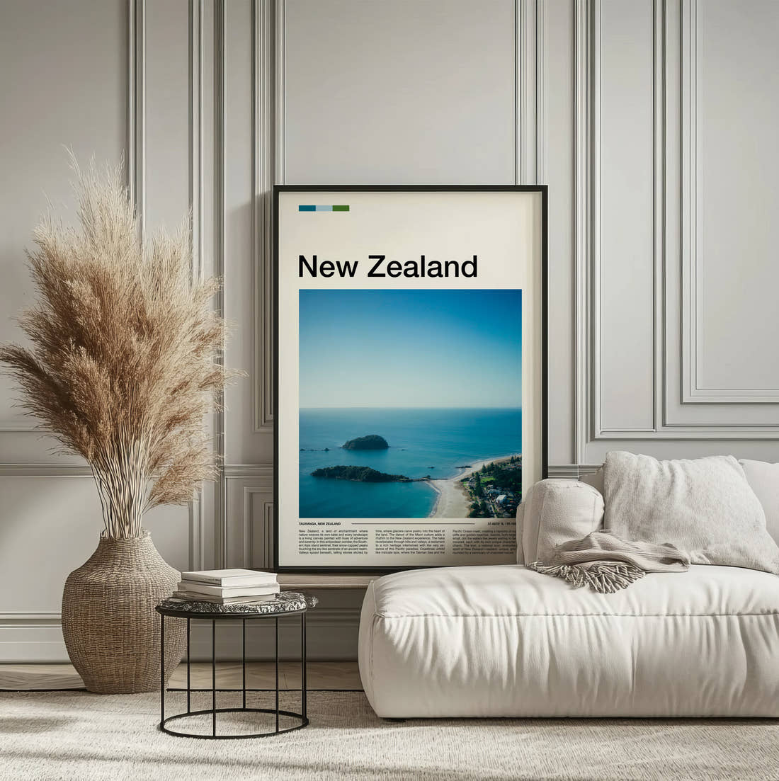 New Zealand Islands Off The Coast Travel Print framed on the wall of a calm, neutral bedroom