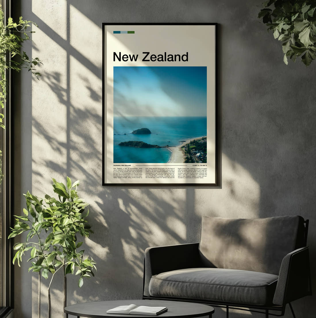 New Zealand Islands Off The Coast Travel Print framed on the wall of a relaxed living room