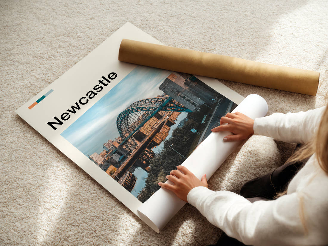 Newcastle Tyne Bridge Travel Print being unrolled from its postal tube