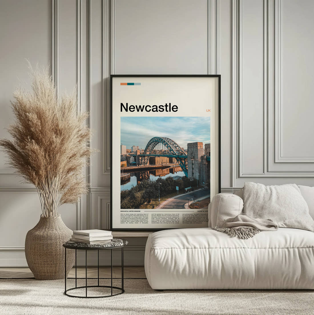 Newcastle Tyne Bridge Travel Print framed on the wall of a calm, neutral bedroom
