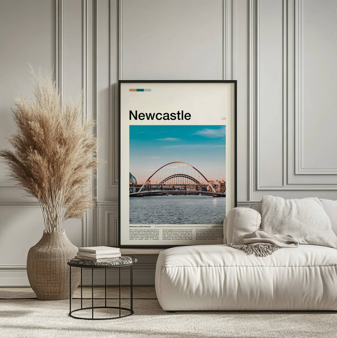 Newcastle Gateshead Millennium Bridge Travel Print framed on the wall of a calm, neutral bedroom