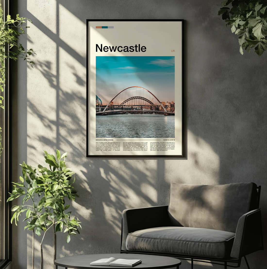 Newcastle Gateshead Millennium Bridge Travel Print framed on the wall of a relaxed living room