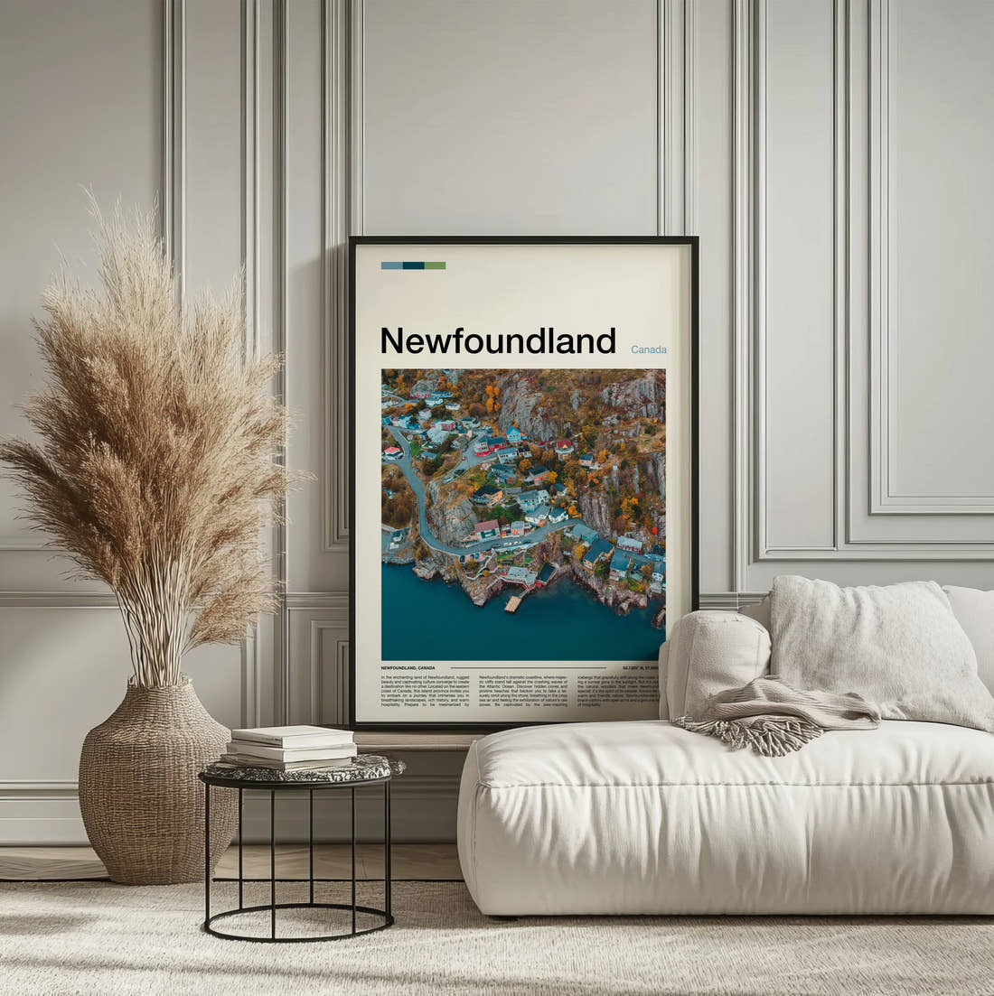 Newfoundland Colourful Coastal Village Travel Print framed on the wall of a calm, neutral bedroom