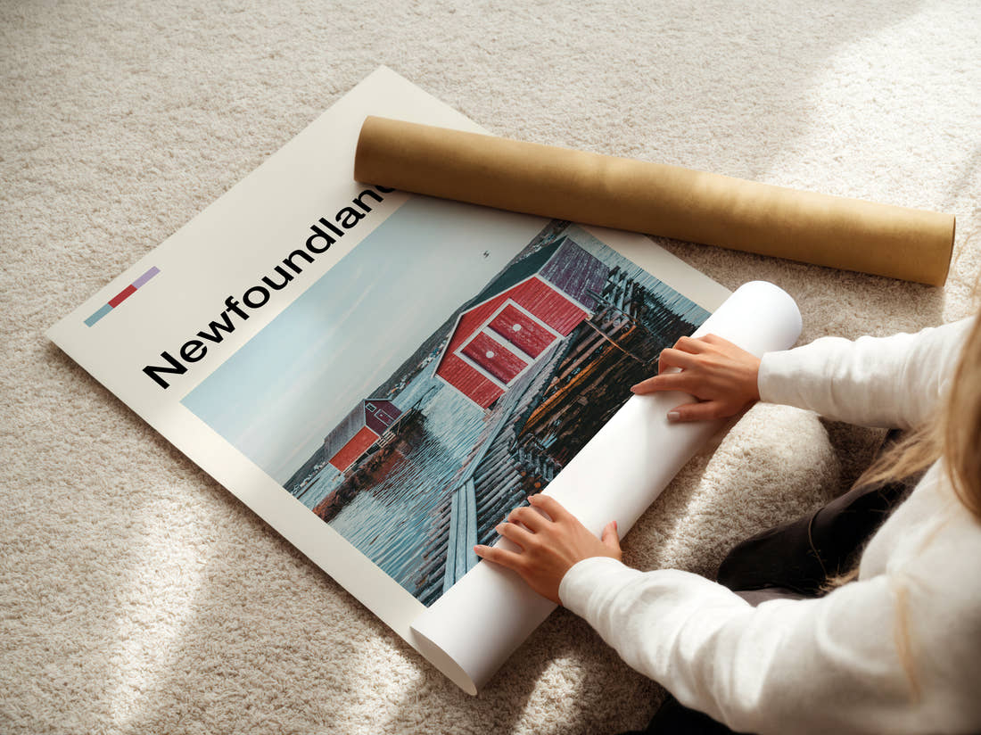 Newfoundland Red Boathouse Travel Print being unrolled from its postal tube