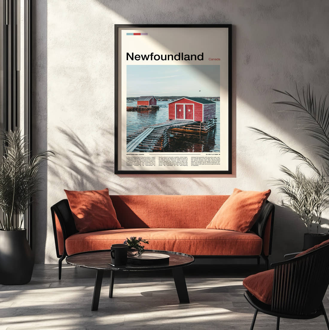 Newfoundland Red Boathouse Travel Print framed on the wall of a modern living room