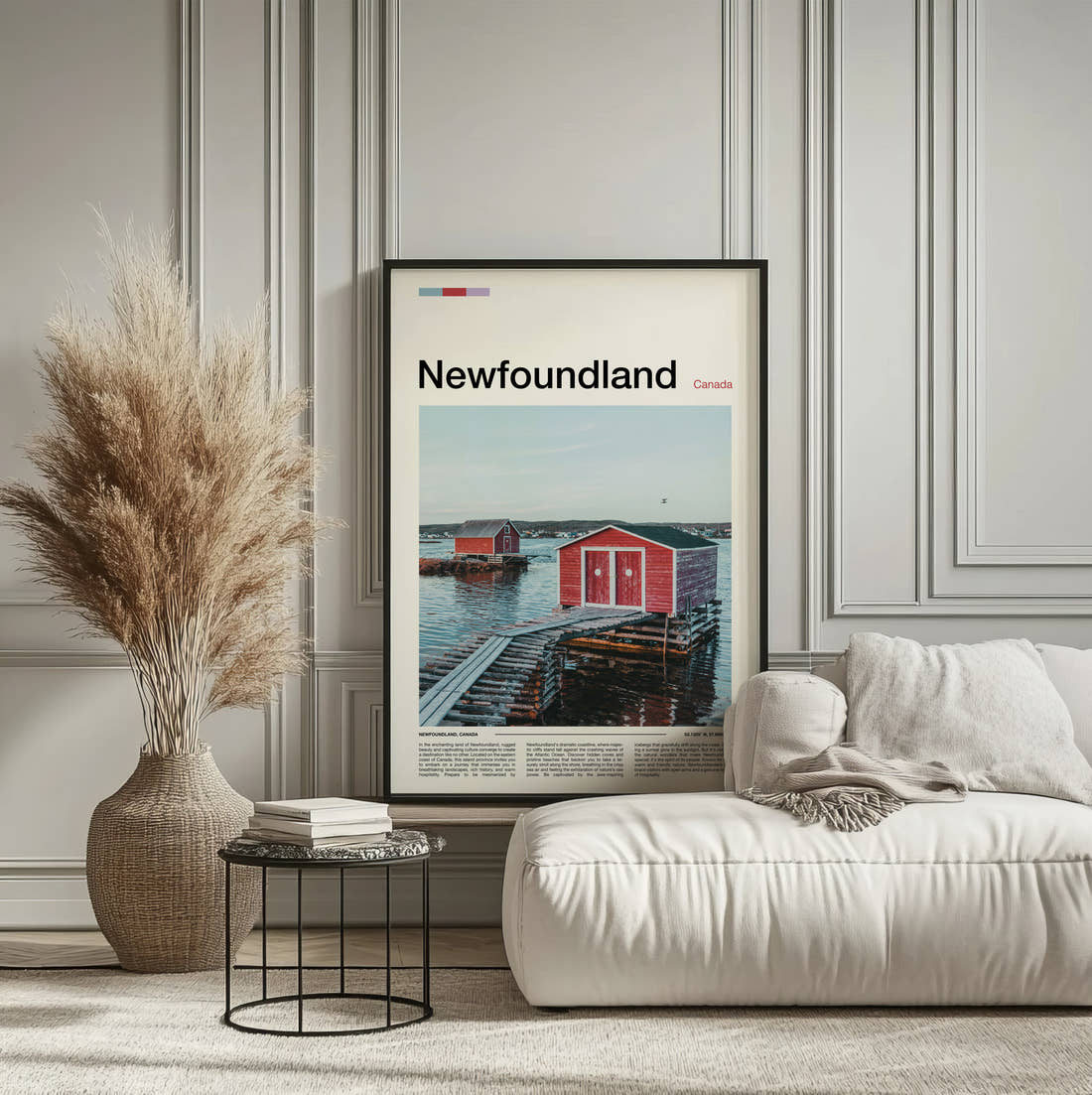 Newfoundland Red Boathouse Travel Print framed on the wall of a calm, neutral bedroom