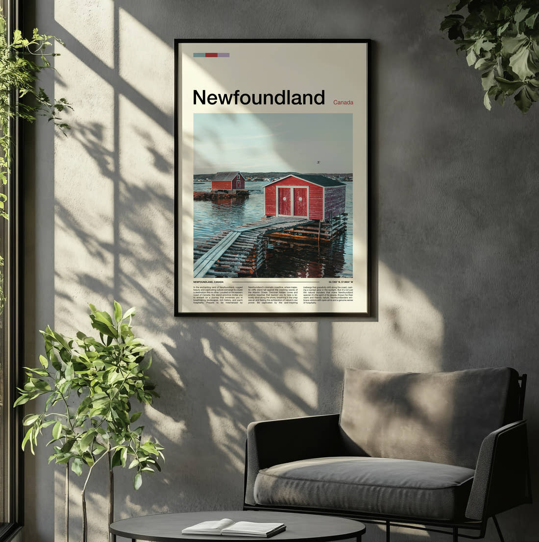 Newfoundland Red Boathouse Travel Print framed on the wall of a relaxed living room