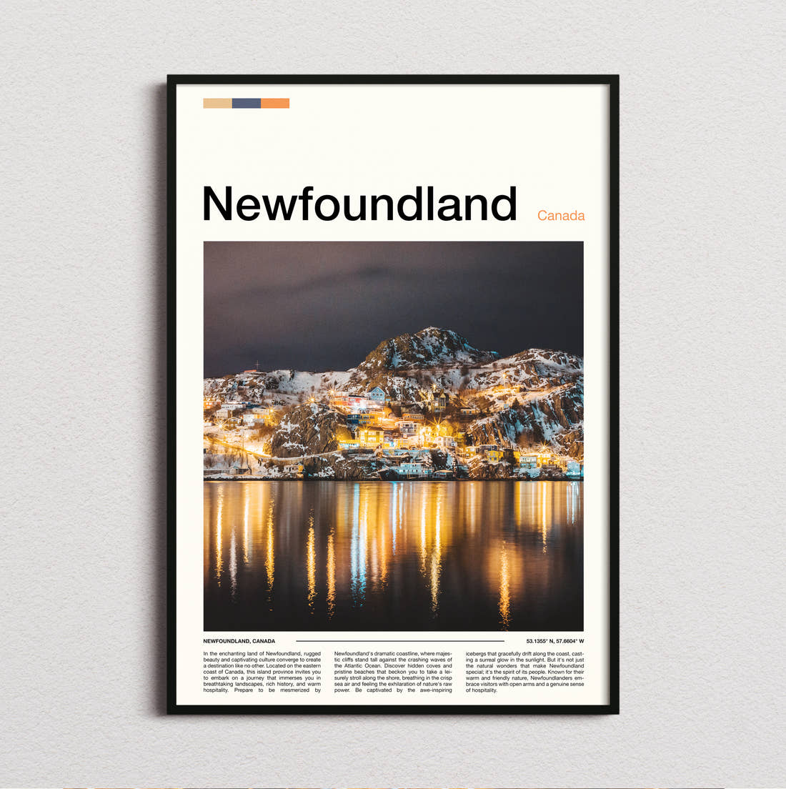 Newfoundland Harbour Town At Night Travel Print framed and photographed straight on
