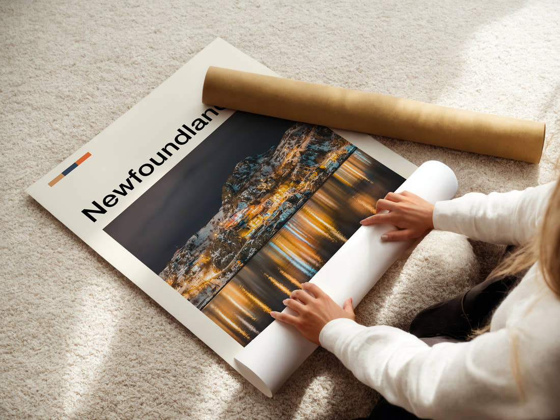Newfoundland Harbour Town At Night Travel Print being unrolled from its postal tube