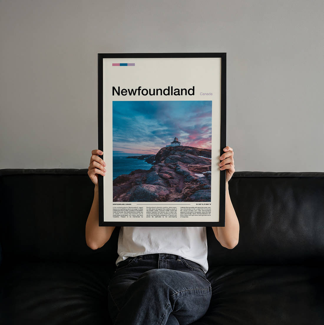 Newfoundland Lighthouse On Rocky Headland Travel Print held up by hand to show the size of the print