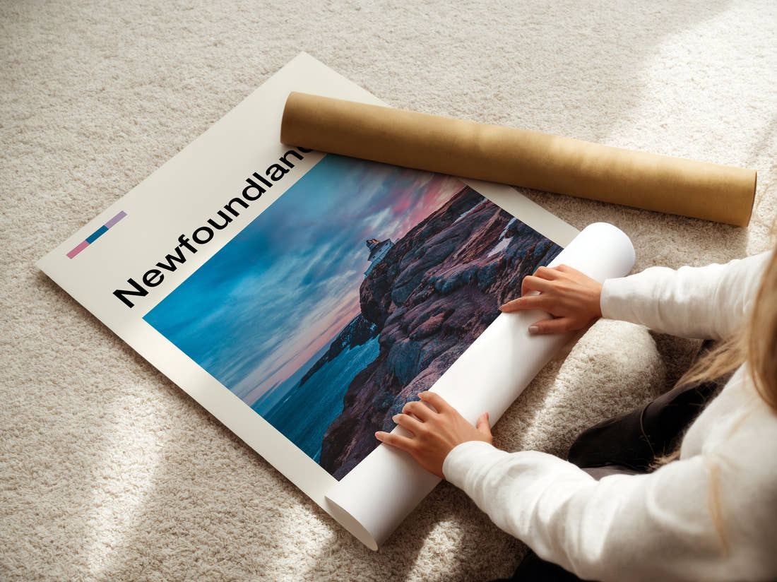 Newfoundland Lighthouse On Rocky Headland Travel Print being unrolled from its postal tube