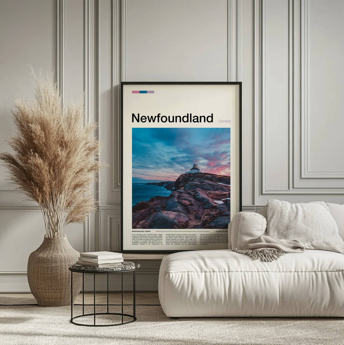 Newfoundland Lighthouse On Rocky Headland Travel Print framed on the wall of a calm, neutral bedroom