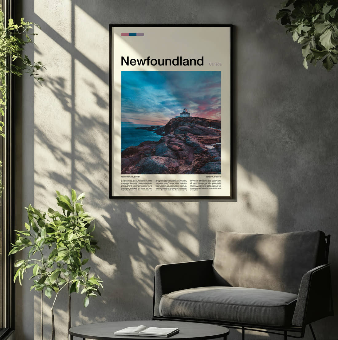 Newfoundland Lighthouse On Rocky Headland Travel Print framed on the wall of a relaxed living room