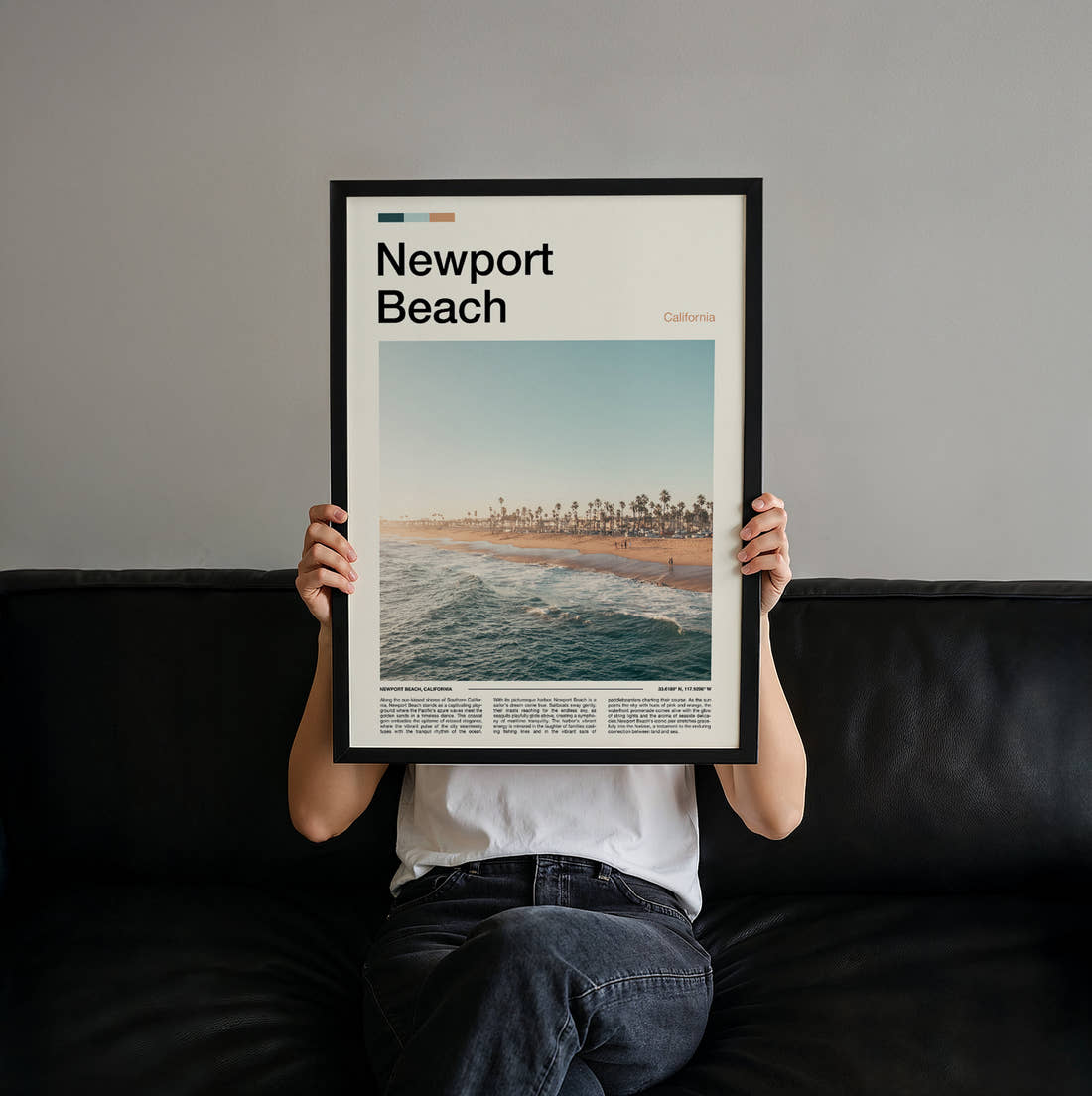 Newport Beach Palm Trees Along The Beach Travel Print held up by hand to show the size of the print