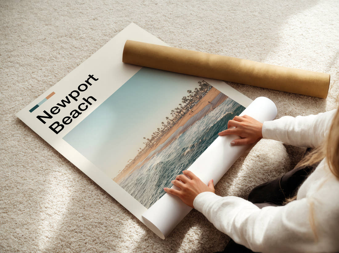Newport Beach Palm Trees Along The Beach Travel Print being unrolled from its postal tube