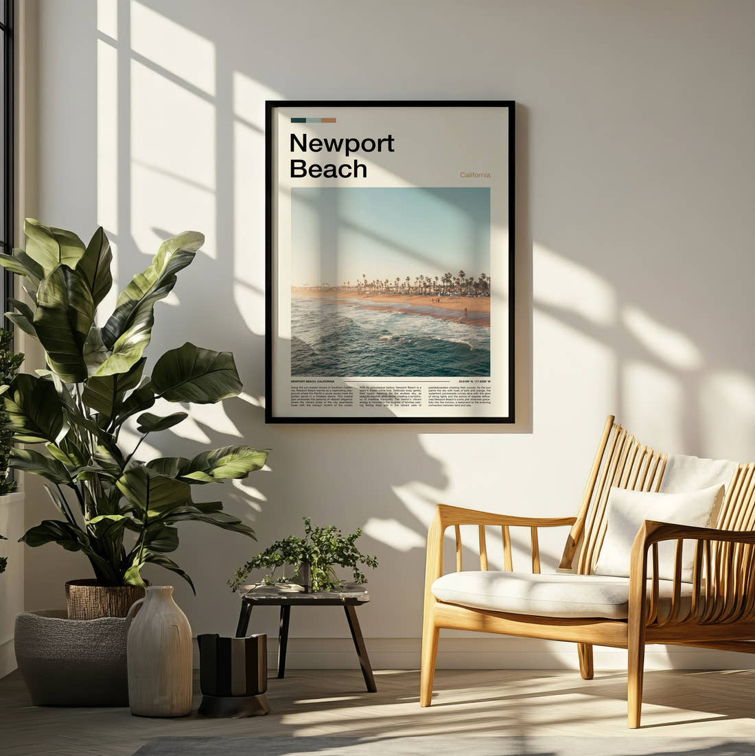 Newport Beach Palm Trees Along The Beach Travel Print framed on a pale wall beside houseplants