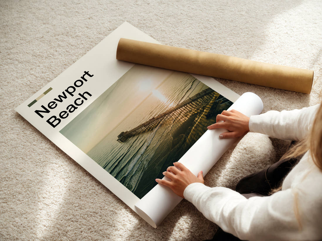 Newport Beach Pier At Sunset Travel Print being unrolled from its postal tube