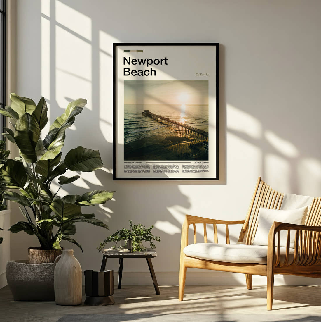 Newport Beach Pier At Sunset Travel Print framed on a pale wall beside houseplants